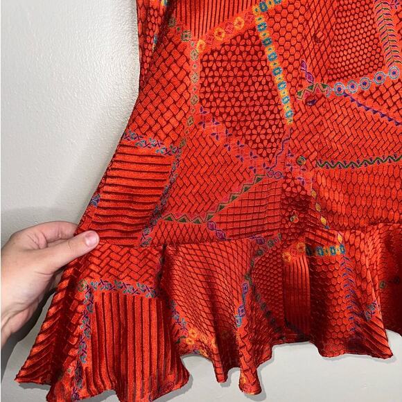 Alexis Lishan Red Fire Print Tie Neck Puff Sleeve Ruffle Hem Mini Dress XS - Picture 5 of 8